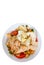 Caesar salad with croutons, cheese, eggs, tomatoes and grilled chicken. top view. isolated