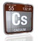 Caesium symbol in square shape with metallic border and transparent background with reflection on the floor. 3D render