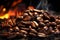 Cafe ambiance warm tones, background full of freshly roasted coffee beans