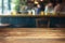 Cafe ambiance wood table with blurred people, perfect for display