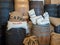 Cafe, beans, almonds, oat bags sitting on barrels in warehouse