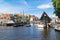Cafe and boats on Galgewater canal in Leiden, Netherlands