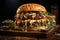 Cafe delight, mouthwatering beef burger, cheese, sauce, wooden backdrop