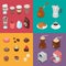 Cafe Elements Set with Candies, Coffee and Different Hot Drinks. Isometric flat 3d illustration