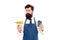 Cafe food concept. Man bearded waiter wear apron carry plate with food and coffee cup. Delicious croissant. Enjoy your