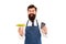 Cafe food concept. Man bearded waiter wear apron carry plate with food and coffee cup. Enjoy your meal. Guy serving