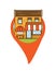 Cafe and geolocation icon flat design. Urban streetscape. Cartoon exterior architecture, touristic place, facade for illustration