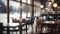 Cafe interior with wooden tables and chairs. Blurred background.