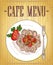 Cafe menu with mediterranean pasta dish served on a plate, top view
