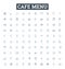 Cafe menu vector line icons set. Coffees, Desserts, Sandwiches, Drinks, Food, Salads, Sides illustration outline concept