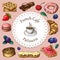 Cafe, patisserie or bakery banner, poster or background with pastries and desserts icons around cup of coffee on pink