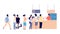 Cafe queue. People wait food, street food restaurant. Salad bar, men and women need food vector illustration