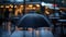 a cafe during a rainy day through a high-quality, full-frame photo of a black umbrella, creating a compelling visual