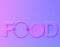 Cafe or restaurant emblem. food word sign logo with spoon and fork in bvibrant bold gradient purple and blue holographic colors ba