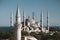 Cafe or restaurant on the roof with panoramic windows and view on Sultan Ahmed Blue Mosque. Istanbul, Turkey. Aerial top