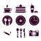 Cafe and restaurant: set of 9 color icons for decoration and design. Coffee, cake, drink, Burger, plate, fork, spoon, knife, camer