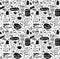 Cafe seamless pattern. Hand drawn tea and coffee pots, desserts and inspirational captions. Menu cover design, wallpaper