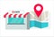 Cafe or store location with pin pointer and navigation map vector illustration, flat cartoon shop or restaurant position