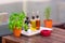 Cafe table with herbs and condiments