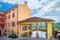 Cafe terrace with view over hills in Motovun. Istria, Croatia