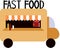 Cafe on wheels. Food truck. Hot dogs, hamburgers and coffee. Food for the party and festival. Minimalistic art. Car
