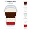 Cafeccino coffee recipe in disposable plastic cup with dome lid vector flat isolated