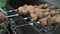 Cafes and restaurants, cooking, picnic, oriental kitchen concept - close-up pork and chicken kebab strung on skewer