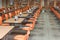 Cafeteria or canteen interior. School cafeteria. Factory canteen with chairs and tables, nobody. Modern cafeteria interior. Clean