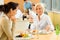 Cafeteria lunch young business woman eat salad