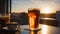 caffeine containing drink in glass with sunset in background. Highly detailed and realistic concept design illustration