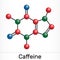 Caffeine, purine alkaloid, psychoactive drug molecule. Paper packaging for drugs