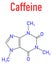 Caffeine stimulant molecule. Present in coffee, tea and many soft and energy drinks. Skeletal formula.