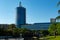 CAGLIARI, SARDINIA, ITALY - JULY 20 2020: Modern architecture design glass tower, T Hotel, view from the Parco della Musica with c