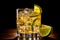 Caipirinha cocktail made of lemons, lemon as garnish. Generative AI