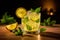 Caipirinha cocktail made of lemons, lemon as garnish. Generative AI