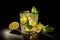 Caipirinha cocktail made of lemons, lemon as garnish. Generative AI