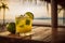 Caipirinha cocktail on a wooden table with a mesmerizing sea, beach background, evoking relaxing, tropical paradise vibe