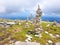 cairn (Inukshuk rocks) at the top of La Rhune mountain in the Atlantic Pyrenees. Border between Spain and France