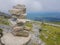 cairn (Inukshuk rocks) at the top of La Rhune mountain in the Atlantic Pyrenees. Border between Spain and France