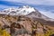 A cairn marks the path along a mountain side in the Sud Lipez province, Uyuni, Bolivia