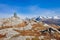 Cairn a pile of stones marking mountain hiking trail in Norway