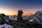Cairn at sunrise on the Parpaner Rothorn in the Alps