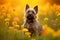 Cairn terrier dog sitting in meadow field surrounded by vibrant wildflowers and grass on sunny day ai generated