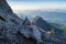 Cairn trail marker near Mangart saddle, Julian Alps, Triglav, Slovenia. This is a man-made pile or stack of stones.