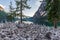 Cairns of stones at the foot of the Seekofel in front of the lake Braies