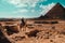 Cairo Egypt December 2021 Rider salesman on a camel approaching to haggle for a camel ride, great pyramids of giza in the distance