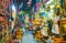 CAIRO, EGYPT - DECEMBER 21, 2017: The tourist alley of Souk Khan El Khalili with different gifts and souvenirs - ancient Egyptian