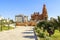 Cairo - Egypt - October 06, 2020: Misr al Gadida, Al Montaza, Beautiful view of Baron Empain palace with people and alley with