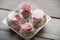 Cake Basket Rose. Food Photography, Dessert, Macro Photography. From above closeup of freshly baked cupcakes