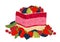 Cake with berry jelly, vector drawing, painted dessert. A piece of marmalade fruit cake decorated with many different berries, iso